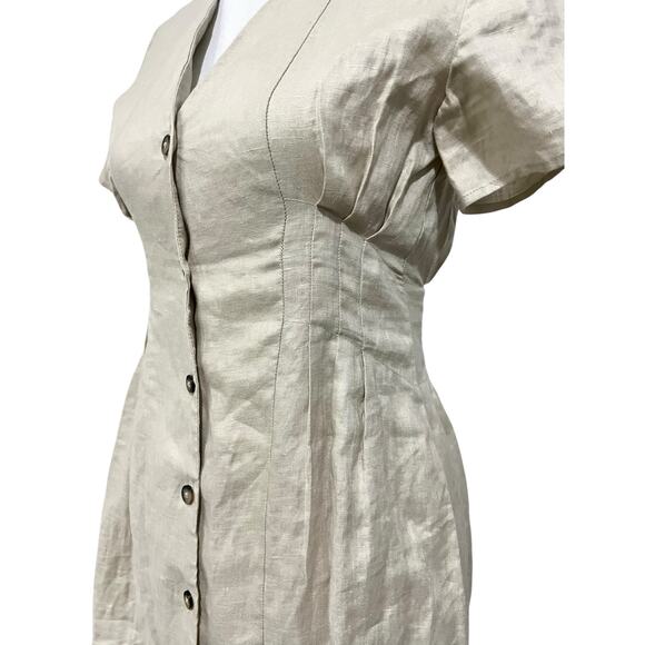 MNG Mango Linen Dress Beige A-Line Pleated Sides Button Front Euro Summer Sz XXS - Picture 3 of 8